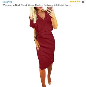 Red v neck faux wrap dress
